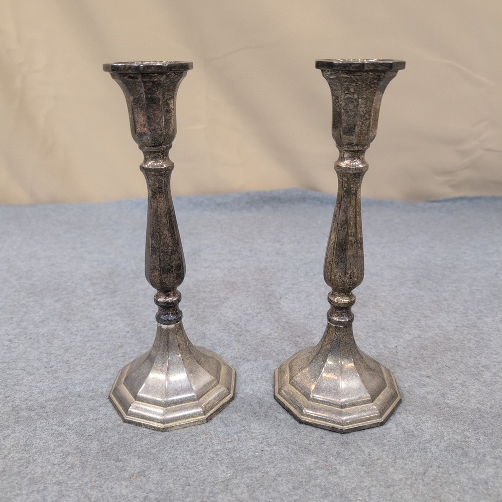 Vintage Silver Plated Octagonal Taper Candlestick Holders Set of 2 - Picture 1 of 5